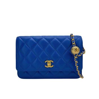 二手品 Chanel 經典雙C菱格紋羊皮Woc金球鍊包(AP1450-寶藍)