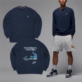 Nike 長袖上衣 Jordan Fleece Crew 男款 藍 白 毛圈布 刺繡 AJ1 插畫 大學T HF1118-410