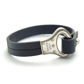 八八成新--LV 銀色刻字金屬鎖釦黑色皮革手環