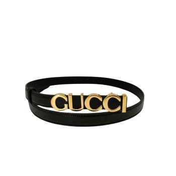 Gucci 金Logo細版腰帶/皮帶(751600-黑)