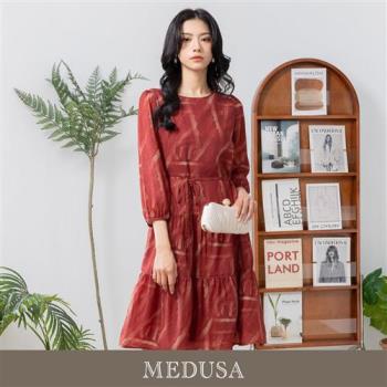 現貨【MEDUSA 曼度莎】印花紋理磚紅綁帶雪紡洋裝（M-XL）｜洋裝 連身裙 雪紡