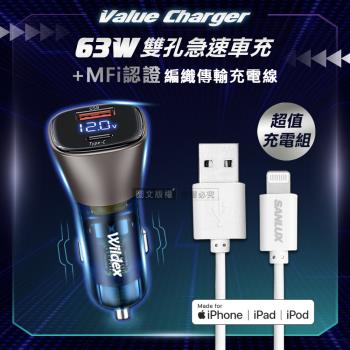 台灣三洋 MFi原廠認證線 Lightning USB 傳輸充電線(200cm)+63W急速充電 雙孔電瓶電壓車充頭