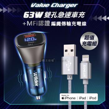 台灣三洋 MFi原廠認證線 Lightning USB 傳輸充電線(100cm)+63W急速充電 雙孔電瓶電壓車充頭