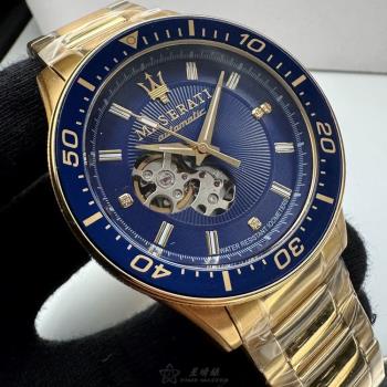 MASERATI 瑪莎拉蒂男錶 44mm 金色圓形精鋼錶殼 寶藍色鏤空, 中三針顯示, 水鬼錶面款 R8823140004