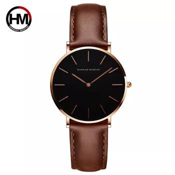 【HANNAH MARTIN】金色刻度設計感腕錶-黑面咖啡帶x36mm(HM-CH36-FK)