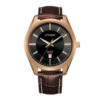 【CITIZEN 星辰】BI1033-04E 極簡紳士時尚 日本機芯 金框黑面 皮革腕錶 42mm