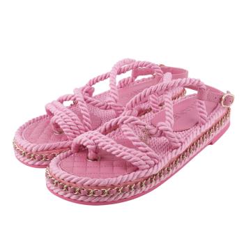 展示商品_CHANEL CC Logo 皮穿鍊及繩編涼鞋 37(粉色)
