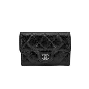二手品 Chanel 雙C銀logo粒紋牛皮經典口蓋卡夾/零錢包(AP0214-黑)