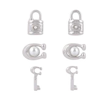 COACH 玻璃珍珠C Logo/鎖頭/鑰匙造型耳環禮盒組(銀色) CO293 SLV