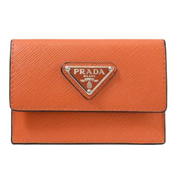 PRADA 2MF028 品牌三角LOGO防刮皮革扣式卡片夾.橘