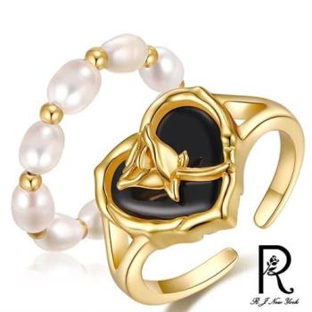 RJ New York 玫瑰愛心黑瑪瑙珍珠彈性戒指(3色可選)