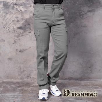 【Dreamming】簡約素色高彈多口袋工裝長褲 工作褲 中直筒(灰色)