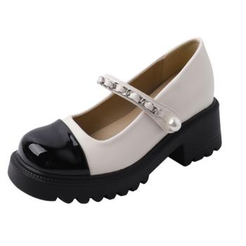 JP Queen New York 法式拚色珍珠真皮小尺碼內增高瑪莉珍鞋(黑白色)