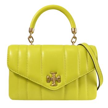 TORY BURCH 143506 品牌LOGO絎縫翻蓋轉釦兩用包.黃綠