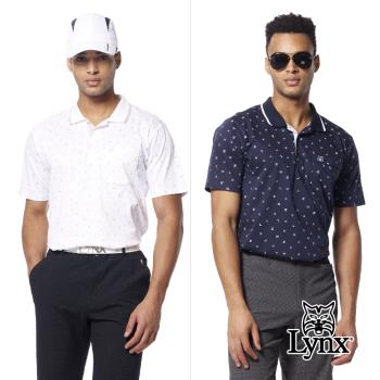 【Lynx Golf】男款細緻桑蠶絲混紡材質Lynx字樣印花山貓繡花胸袋款短袖POLO衫/高爾夫球衫(二色)
