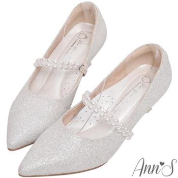 Ann’S韓系小甜蜜-可拆式珍珠鍊帶兩穿電鍍低跟尖頭婚鞋5cm-白