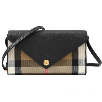 BURBERRY 8073155 HANNAH 經典格紋信封式多卡斜背包.黑邊