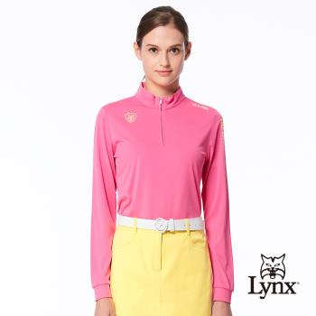 【Lynx Golf】女款吸濕排汗機能個性潮流LOGO字樣印花長袖POLO衫/高爾夫球衫-桃粉色