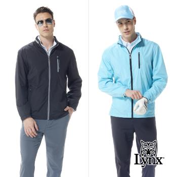 【Lynx Golf】男款防風內刷毛胸袋拉鍊連帽可收式設計配色拉鍊長袖外套-黑色