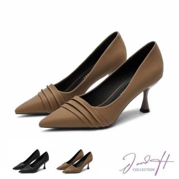 【J&H collection】時尚設計感淺口皺褶尖頭淑女跟鞋(現+預 黑色 / 棕色)