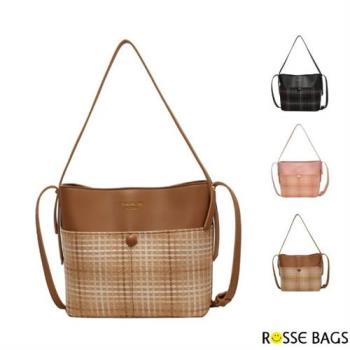 【Rosse Bags】典雅復古編織格紋拼接時尚水桶包(現+預 黑色／棕色／粉色)