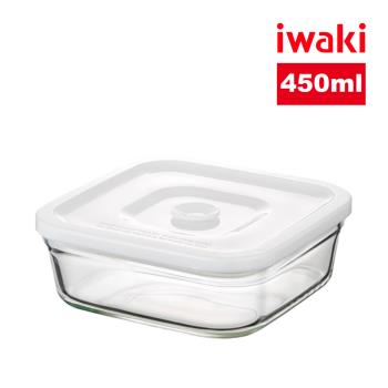 【日本iwaki】耐熱玻璃微波密封保鮮盒 方形白蓋-450ml(原廠總代理)