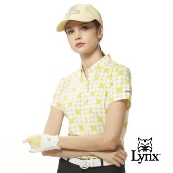 【Lynx Golf】女款吸溼排汗機能滿版圓圈排列領尖扣設計短袖POLO衫/高爾夫球衫-綠松色