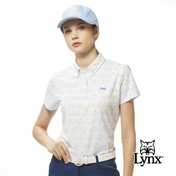 【Lynx Golf】女款吸溼排汗機能滿版配色造型Lynx字樣繡花領尖扣短袖POLO衫/高爾夫球衫-白色