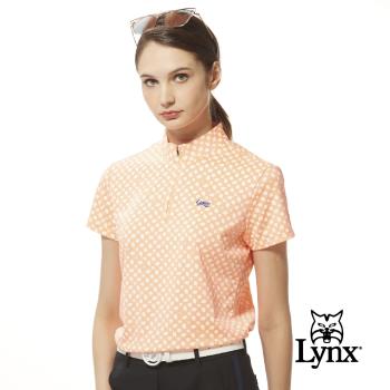 【Lynx Golf】女款吸汗速乾機能滿版形狀造型印花Lynx字樣繡花短袖立領POLO衫/高爾夫球衫-螢光橘色