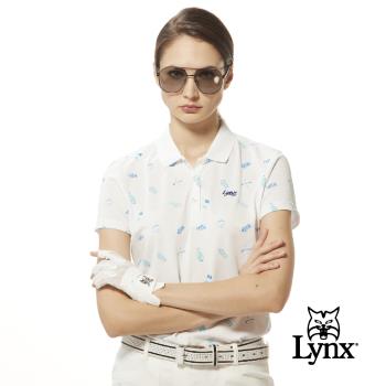 【Lynx Golf】女款吸濕排汗機能網眼材質高爾夫圖樣Lynx草寫繡花短袖POLO衫/高爾夫球衫-白色
