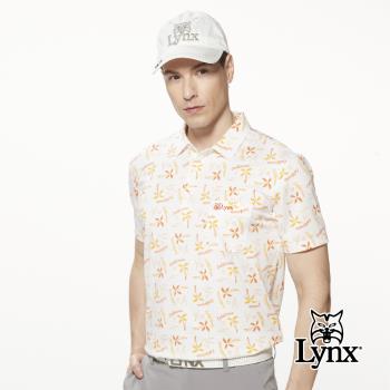 【Lynx Golf】男款吸溼排汗機能滿版加州椰樹圖樣印花胸袋款短袖POLO衫/高爾夫球衫-白色