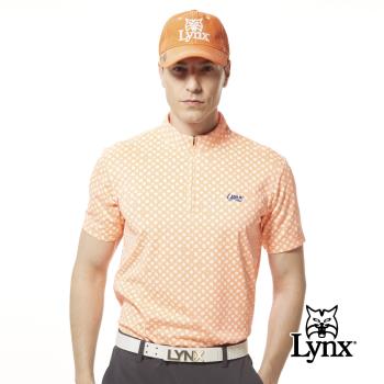 【Lynx Golf】男款吸汗速乾機能滿版形狀造型印花Lynx字樣繡花短袖立領POLO衫/高爾夫球衫-螢光橘色