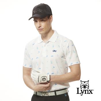 【Lynx Golf】男款吸濕排汗機能網眼材質高爾夫圖樣Lynx草寫繡花短袖POLO衫/高爾夫球衫-白色