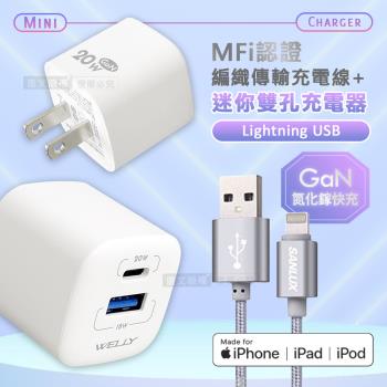 台灣三洋 MFi原廠認證線 Lightning USB 傳輸充電線(100cm)+WELLY 氮化鎵GaN 雙輸出迷你充電器