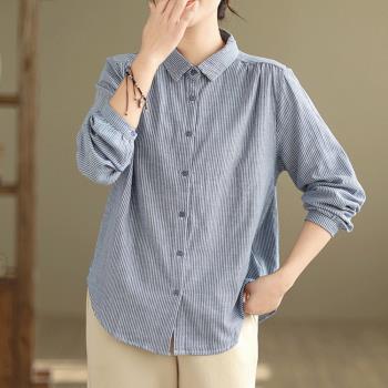 【10衣綾】雙層面紗條紋復古長袖襯衫(百搭/透氣/舒適/4色M-2XL/KDTY-8501)