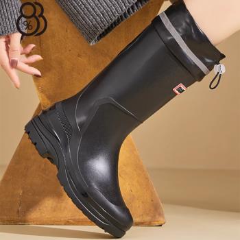 【88%】跟高3cm 時尚高筒雨鞋 雨靴 防水防滑靴 束口設計 黑雨靴