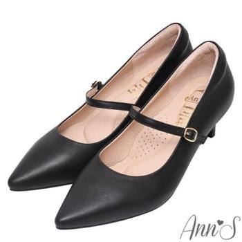 Ann’S跟鞋初學者!頂級綿羊皮繫帶瑪莉珍尖頭低跟鞋5.5cm-黑