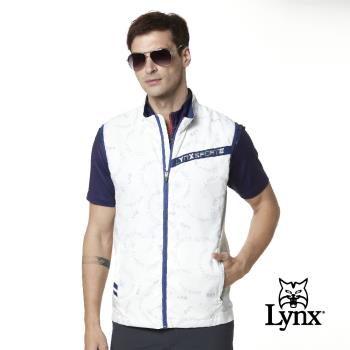 【Lynx Golf】男款滿版Lynx LXG印花造型配布拉鍊口袋無袖背心-藍色           