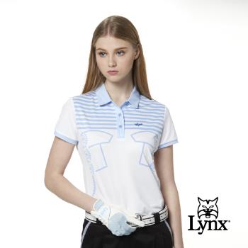【Lynx Golf】女款吸汗速乾條紋配布公主線剪接短袖POLO衫-白色