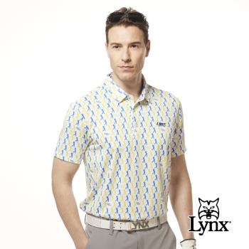 【Lynx Golf】男款吸溼排汗機能滿版配色人物揮桿動作圖樣印花短袖POLO衫/高爾夫球衫-白色