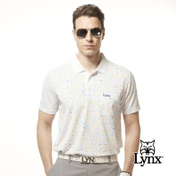 【Lynx Golf】男款吸溼排汗機能羅紋領設計滿版月亮星星印花胸袋款短袖POLO衫/高爾夫球衫-白色