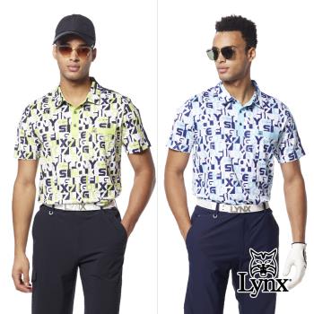 【Lynx Golf】男款吸溼排汗水波紋組織布滿版Lynx字樣印花造型胸袋款短袖POLO衫/高爾夫球衫-黃綠色
