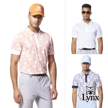 【Lynx Golf】男款吸排抗UV涼感機能右袖Lynx字樣凸字繡花線條排列印花短袖POLO衫/高爾夫球衫-橘色