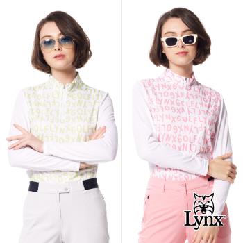 【Lynx Golf】女款吸溼排汗兩袖網布剪裁滿版品牌印花山貓膠標長袖立領POLO衫/高爾夫球衫-粉橘色
