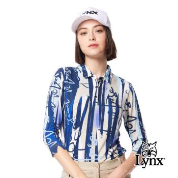 【Lynx Golf】女款歐洲進口布料柔軟舒適英文草寫印花袖口開杈設計七分袖POLO衫-深藍色