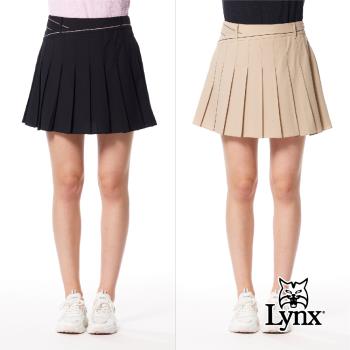 【Lynx Golf】女款彈性舒適素面外觀腰圍造型線條印花後腰隱形拉鍊設計運動短裙-黑色