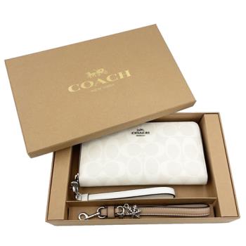 【COACH】C LOGO雙吊飾手掛長夾禮盒(白)