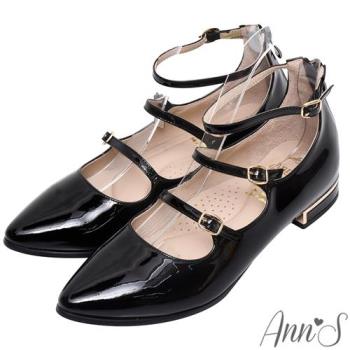 Ann’S時尚新鮮事-頂級軟漆皮三條細帶瑪莉珍平底鞋-漆皮黑