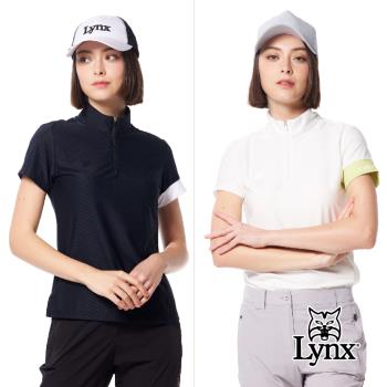【Lynx Golf】首爾高桿風格！女款合身版吸排機能斜紋布下擺剪接造型開杈設計山貓膠標短袖立領POLO衫/高爾夫球衫(二色)