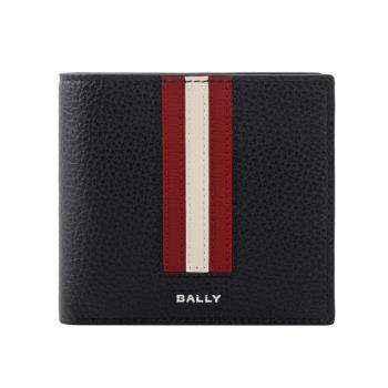 BALLY Ribbon 紅白條紋牛皮對開8卡短夾(黑色) 6306559